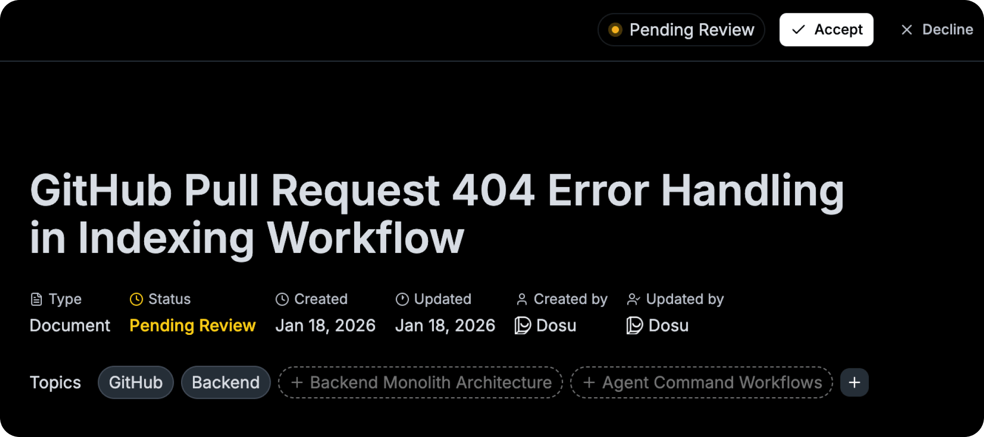 The Dosu Review page showing the option to Accept or Decline a pending update