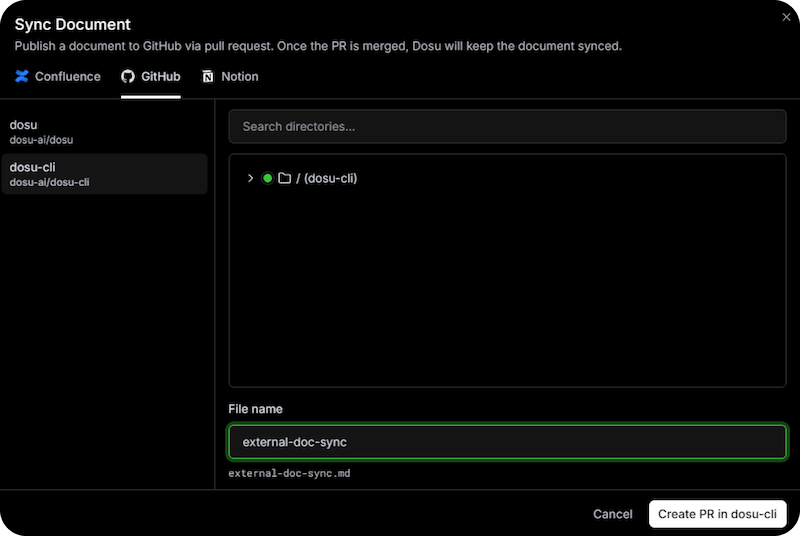 The new external sync UI showing a doc being sent to GitHub